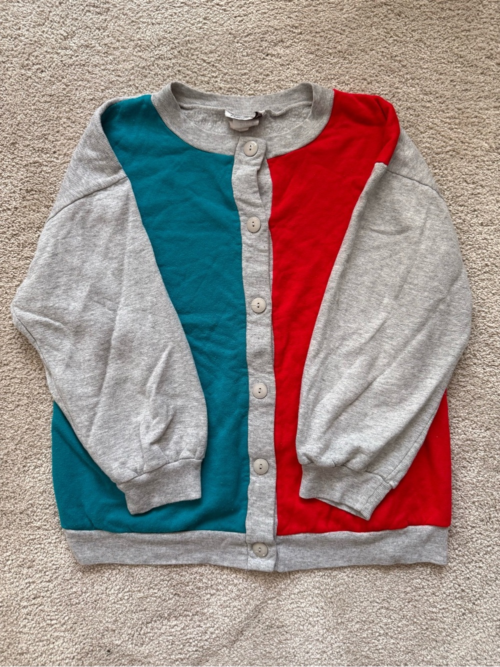 Vintage Village Fair Gray, Red, Blue, Color-block Button Sweater